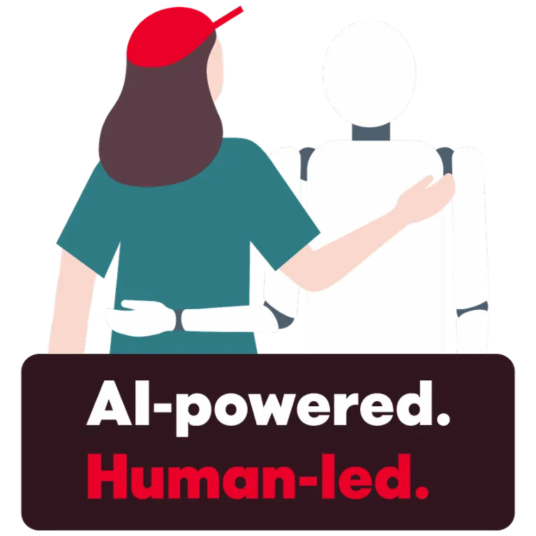 Ilustrácia zobrazuje osobu, ktorá priateľsky objíma robota. Pod ňou je text "AI-powered. Human-led.", ktorý symbolizuje spoluprácu medzi ľuďmi a umelou inteligenciou.
