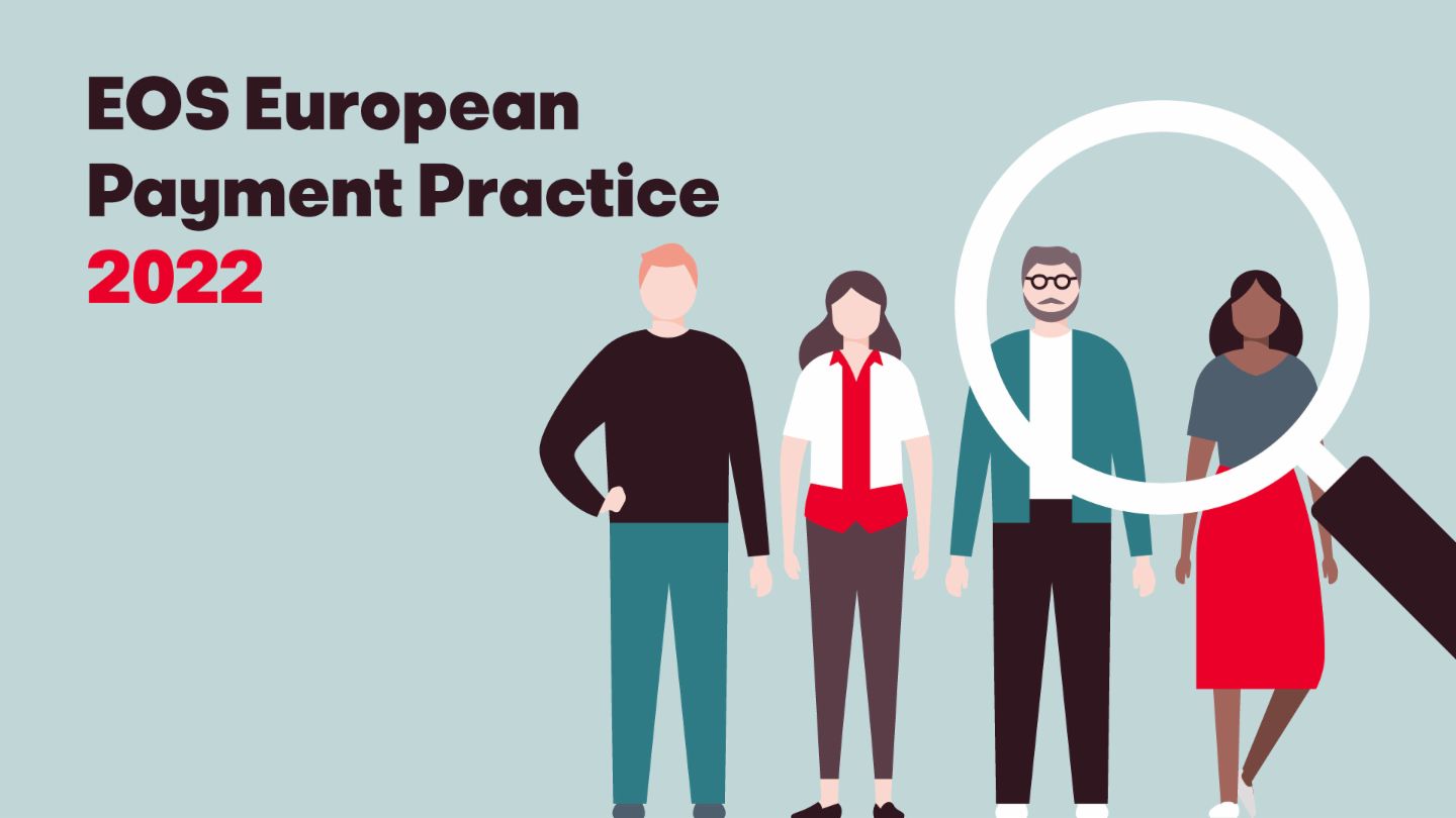 Ilustrácia zobrazujúca štyri rôzne osoby a lupu, sprevádzajúca text "European Payment Practise EOS study 2022". Tento obrázok predstavuje každoročnú štúdiu EOS o európskom platobnom správaní a trendoch.