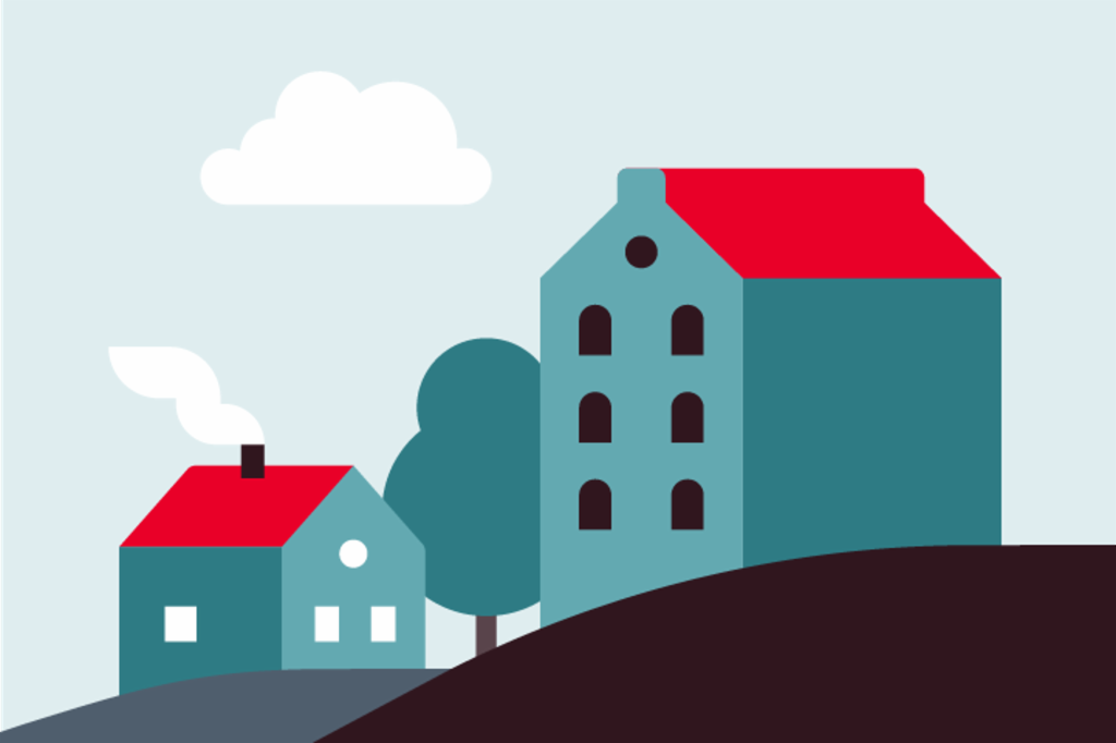 Illustation shows different houses standing in a landscape.