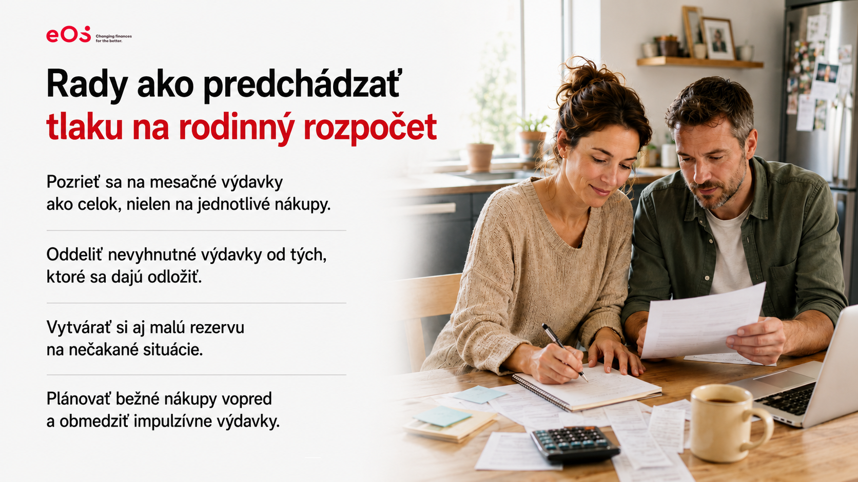 EOS KSI rady: Infografika s tipmi ako predchádzať tlaku na rodinný rozpočet – pár plánuje spoločne výdavky domácnosti a tvorí rezervu na nečakané situácie