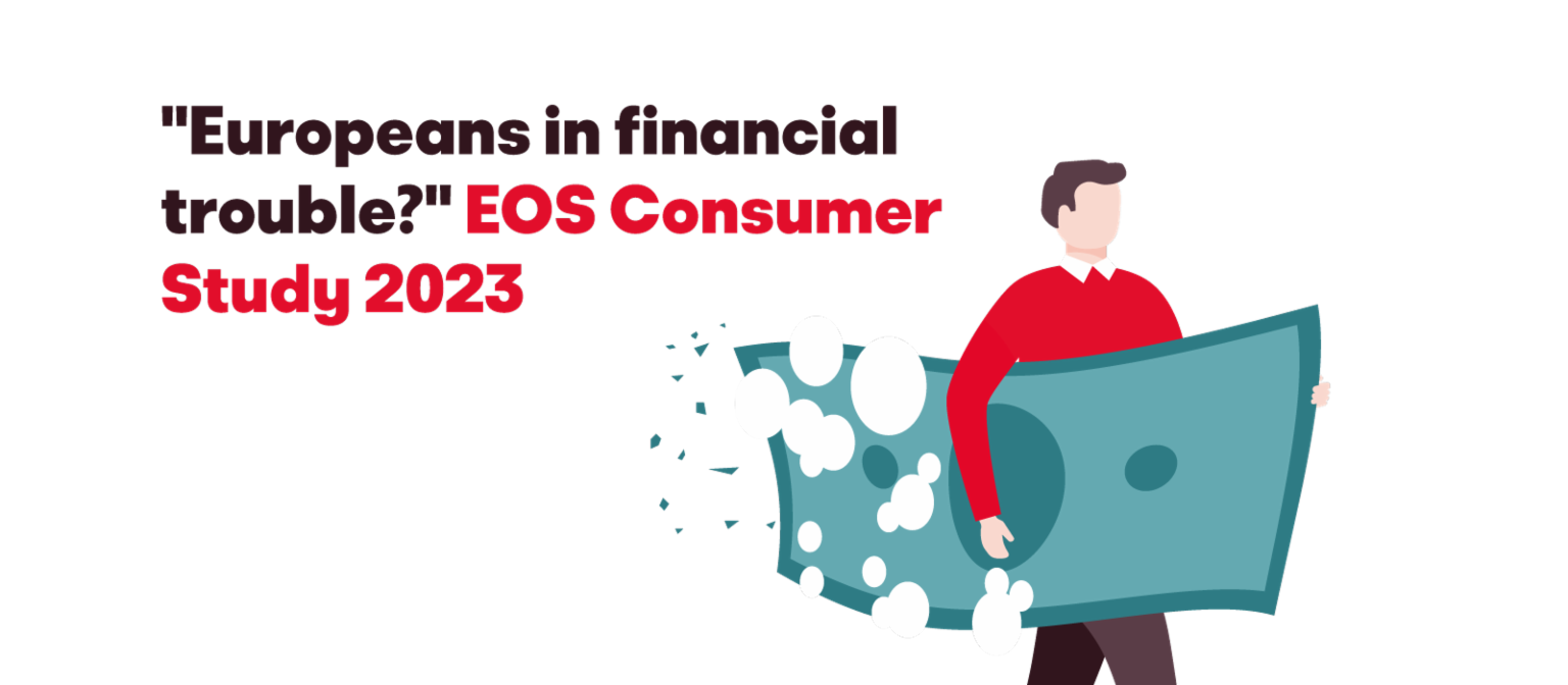 Ilustrácia muža nesúceho veľkú rozpadajúcu sa bankovku s textom 'Európania v finančných ťažkostiach? EOS Consumer Study 2023'.
