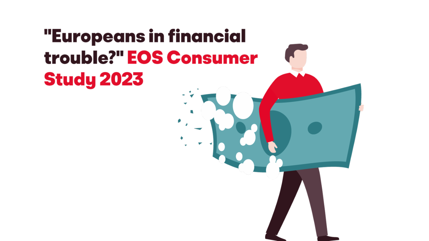 Ilustrácia muža nesúceho veľkú rozpadajúcu sa bankovku s textom 'Európania v finančných ťažkostiach? EOS Consumer Study 2023'.